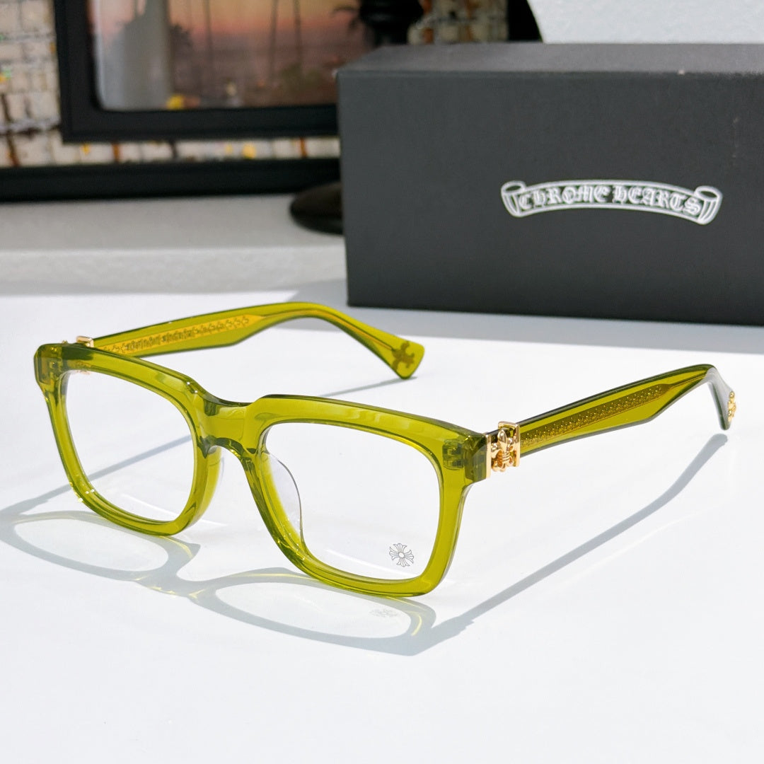 Greenish-yellow square eyeglasses with clear lenses and gold-tone temple detail