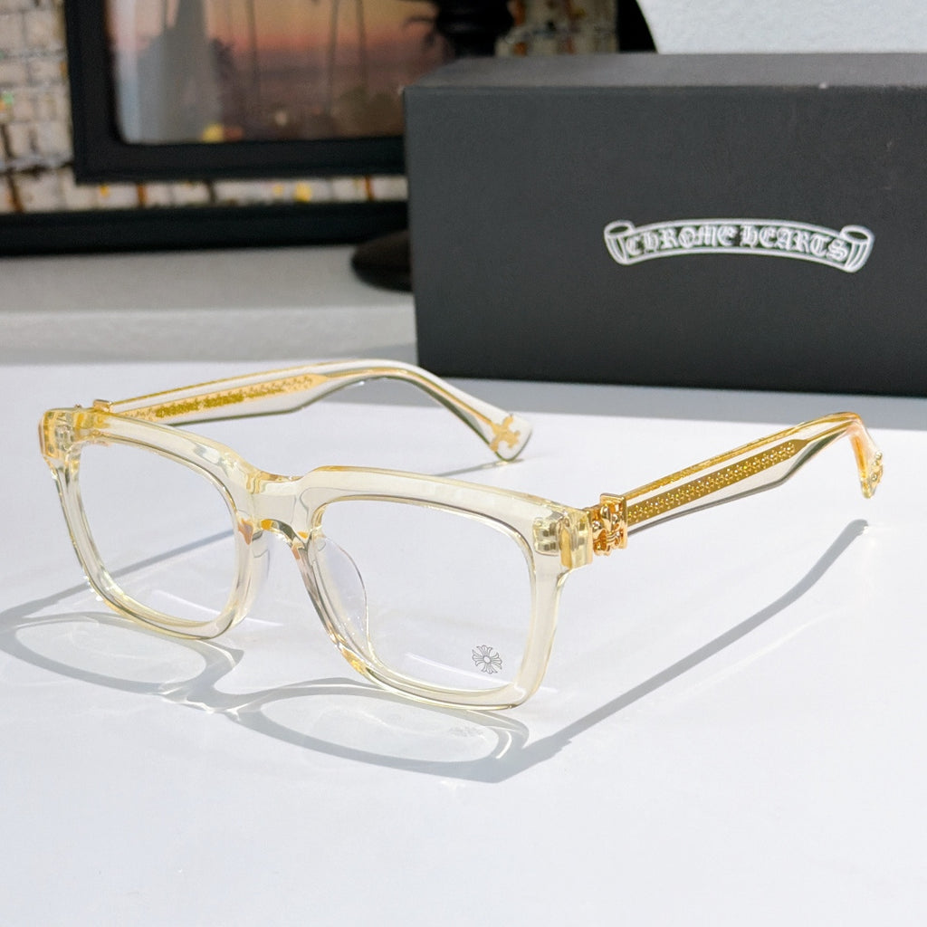 Clear-tinted square eyeglasses with clear lenses and gold-tone temple detail