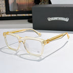 Clear-tinted square eyeglasses with clear lenses and gold-tone temple detail