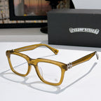Yellow square eyeglasses with clear lenses and gold-tone temple detail