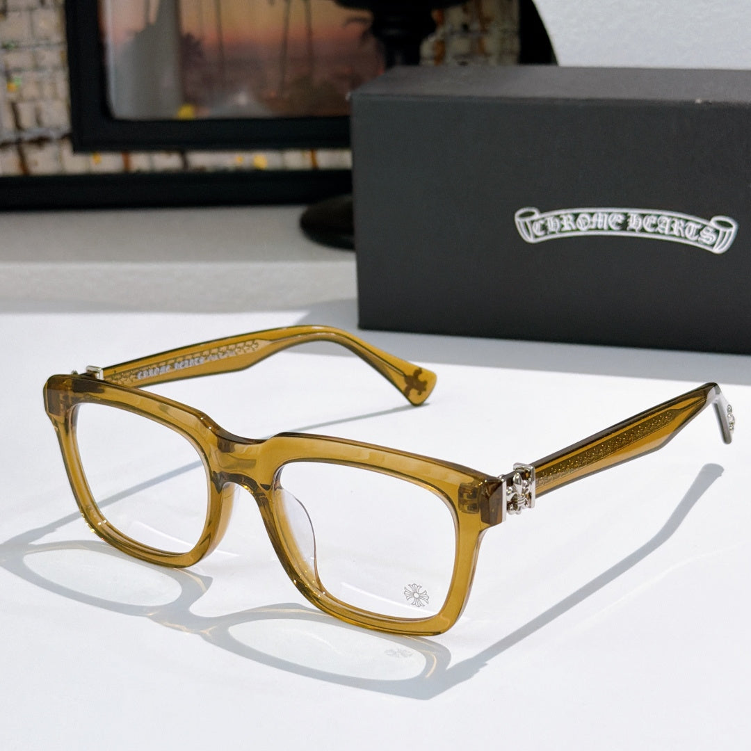 Yellow square eyeglasses with clear lenses and gold-tone temple detail