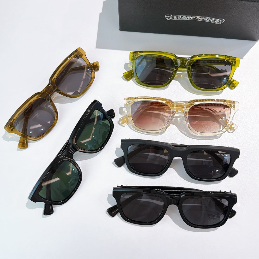 Six pairs of cat-eye sunglasses in assorted colors with tinted lenses