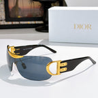 Dior sunglasses with black frame, gold temples, and blue tinted lenses