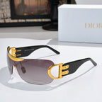 Dior sunglasses with black frame, gold temples, and dark tinted lenses
