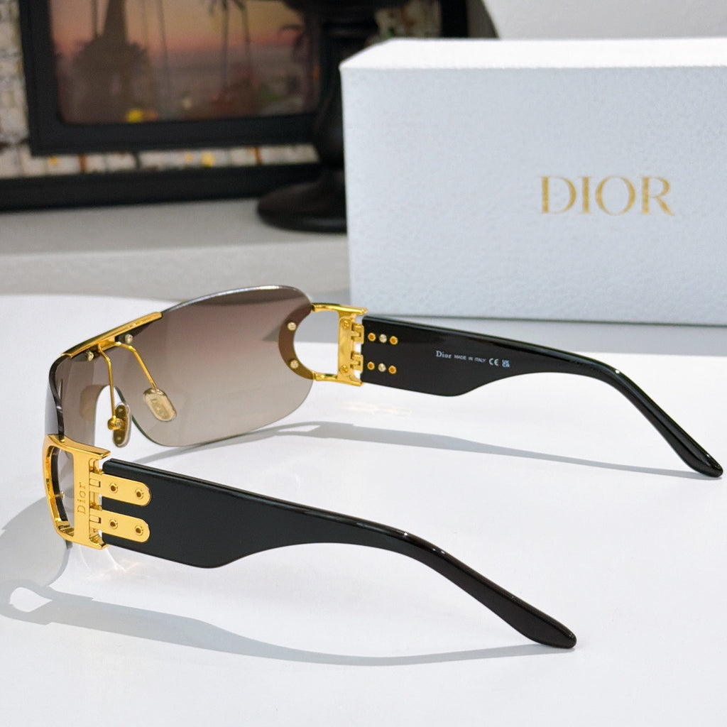 Dior sunglasses pair with black frames, gold hardware, and tinted lenses