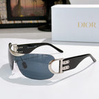 Dior sunglasses with silver frame, gold hinge, and blue tinted lenses