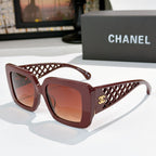 Square sunglasses with burgundy frames, lattice temple and rose-brown lenses