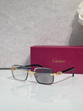 Cartier square glasses with dark maroon frames, gold-tone temples, shaded lenses