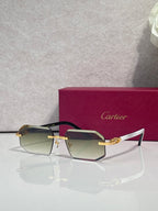 Glasses with dark frame, burgundy temples, and gold hardware with tinted lenses