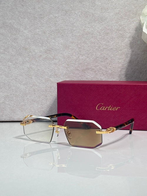Glasses with burgundy temples, gold trim, and tinted rectangular lenses