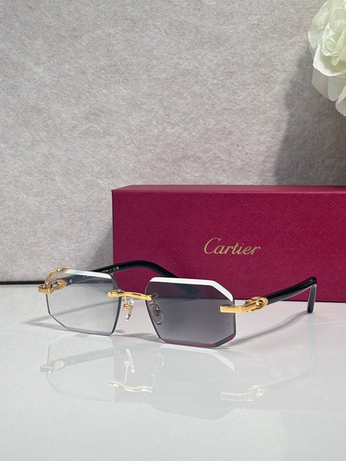 Glasses with burgundy frame, gold details, and tinted rectangular lenses
