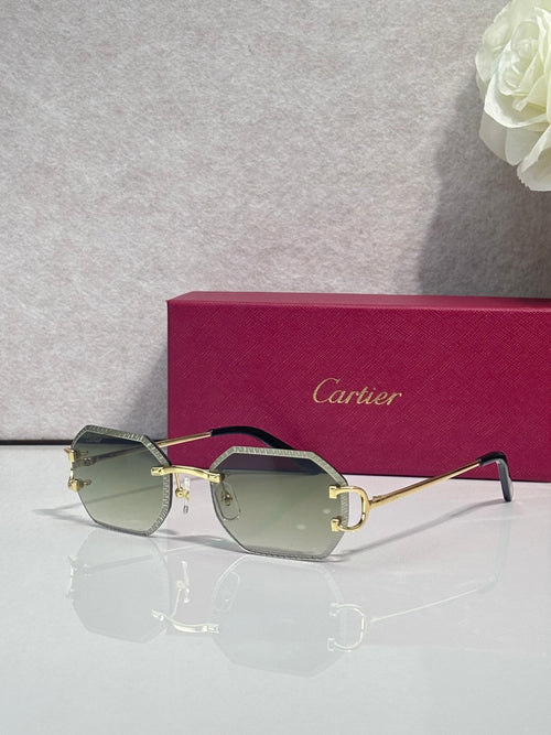 Cartier eyeglasses with gold frame and dark blue lenses, rectangular rounded corners