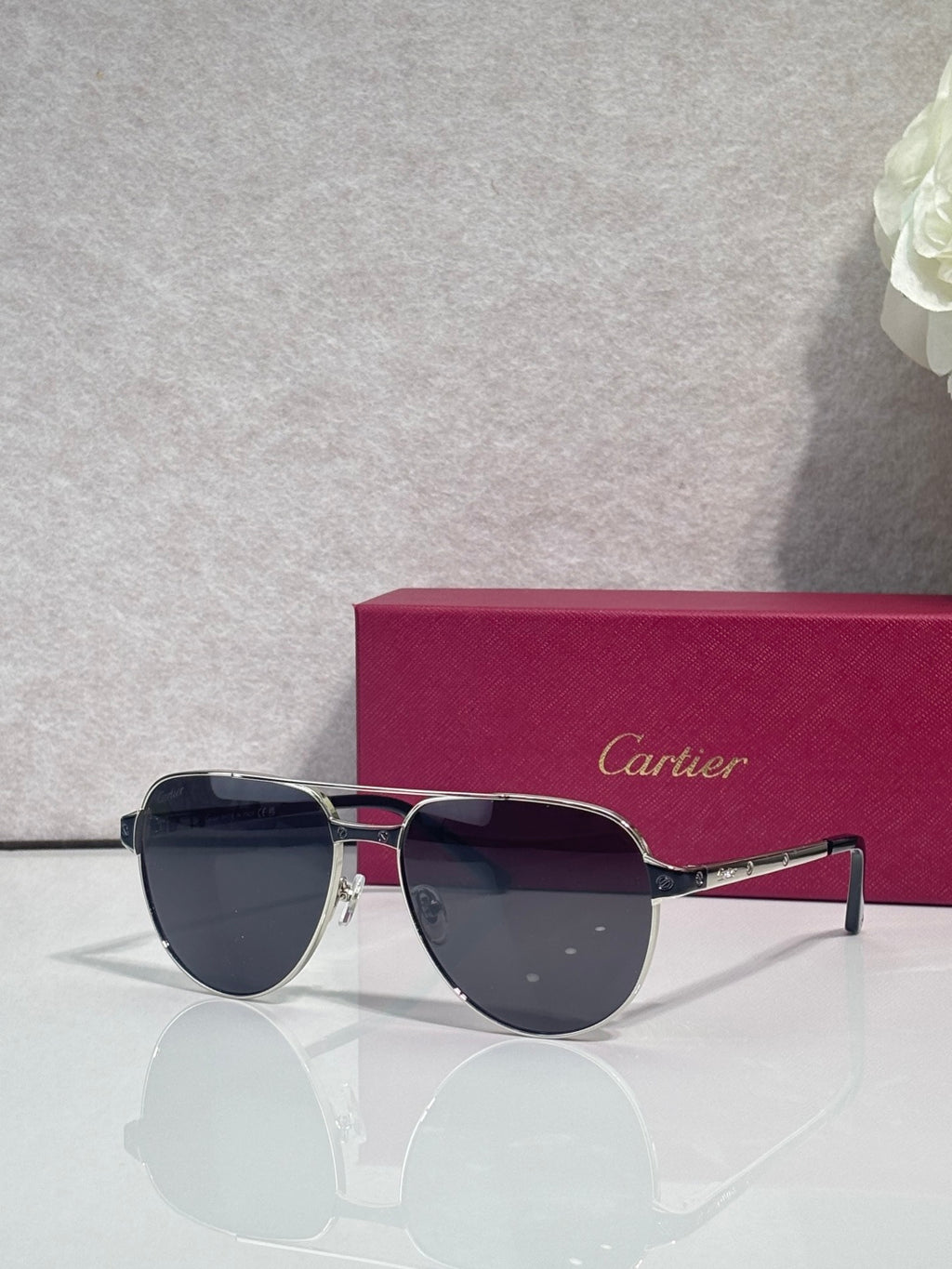Cartier sunglasses, silver and gold frame with dark lenses, side profile
