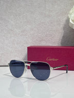 Cartier sunglasses, silver-and-gold frame with dark blue lenses, front view