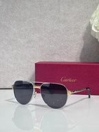 Cartier sunglasses, silver and gold frame with dark lenses, angled front view