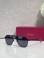 Sunglasses with dark frames and tinted lenses, angled view with metal hinge