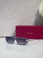 Cartier eyeglasses with dark blue frames and gold-tone cat logo arms