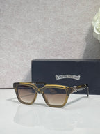 Gold and tan square sunglasses with tinted lenses and gold hinge detail