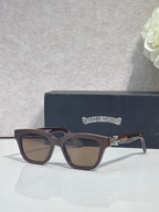 Brown square sunglasses with tinted lenses and gold hinge detail