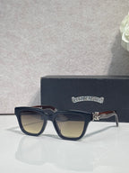 Chrome glasses with dark navy frames and clear lenses, front view