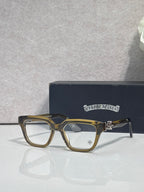 Amber and silver eyeglasses with square frames and clear lenses