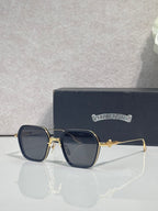 Gold-rim square sunglasses with dark lenses and navy frame accents, clear temple