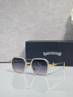 Gold-rim square sunglasses with dark lenses and muted brown frame accents