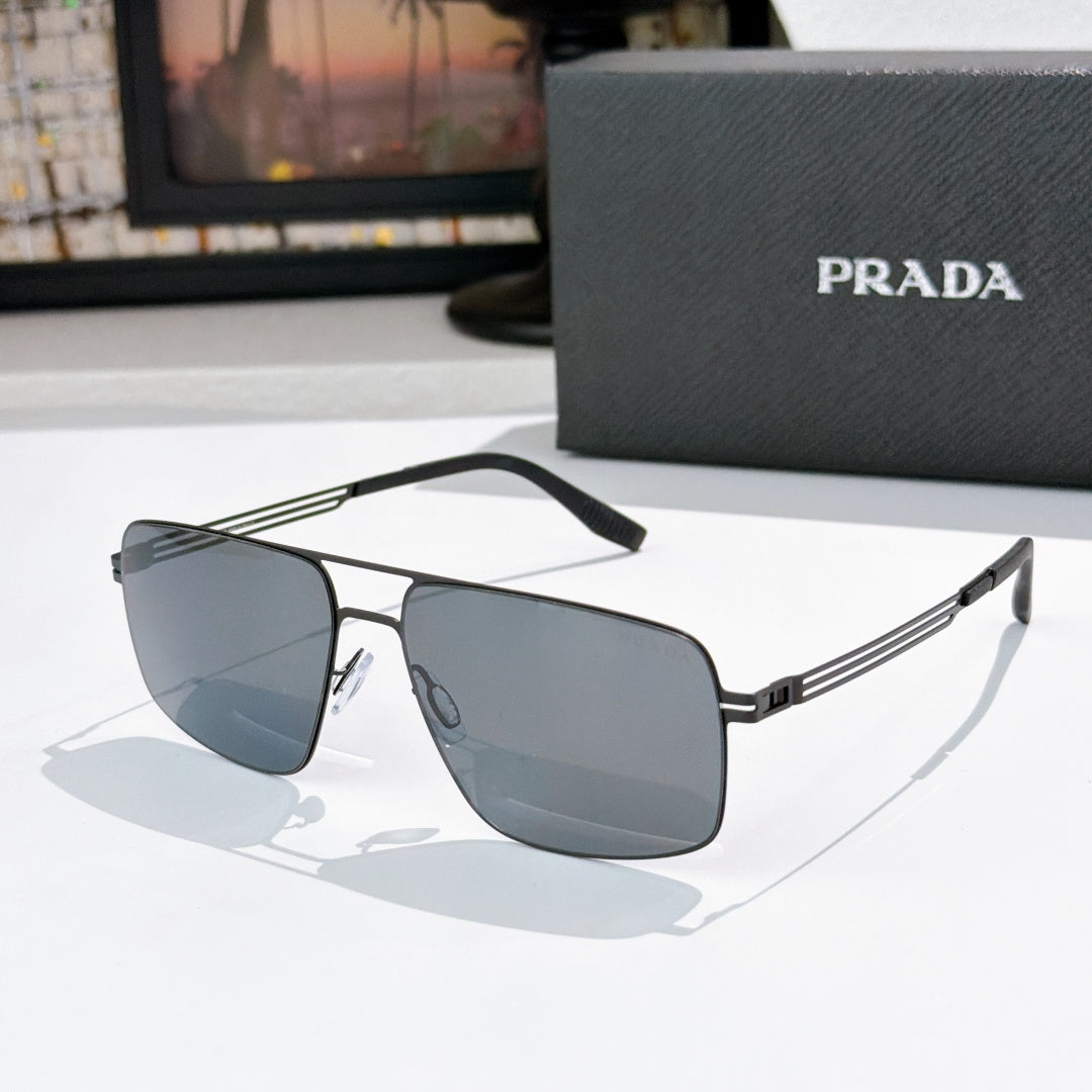 Prada sunglasses with dark-tinted lenses and silver frame, side view