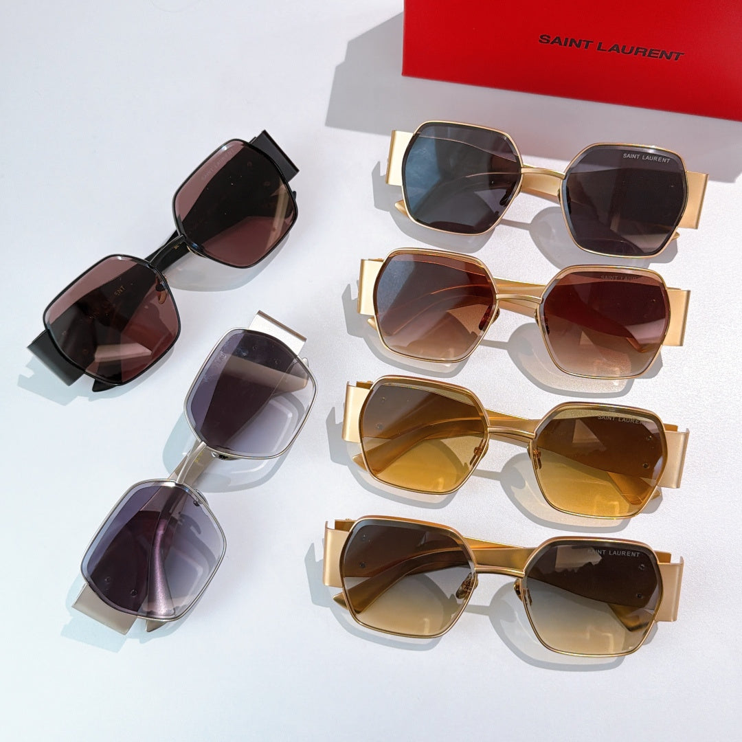 Multiple octagonal sunglasses in black, silver, and gold with tinted lenses
