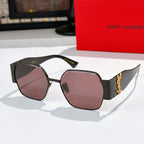 Black rectangular sunglasses with rosy lenses and gold side logo detailing