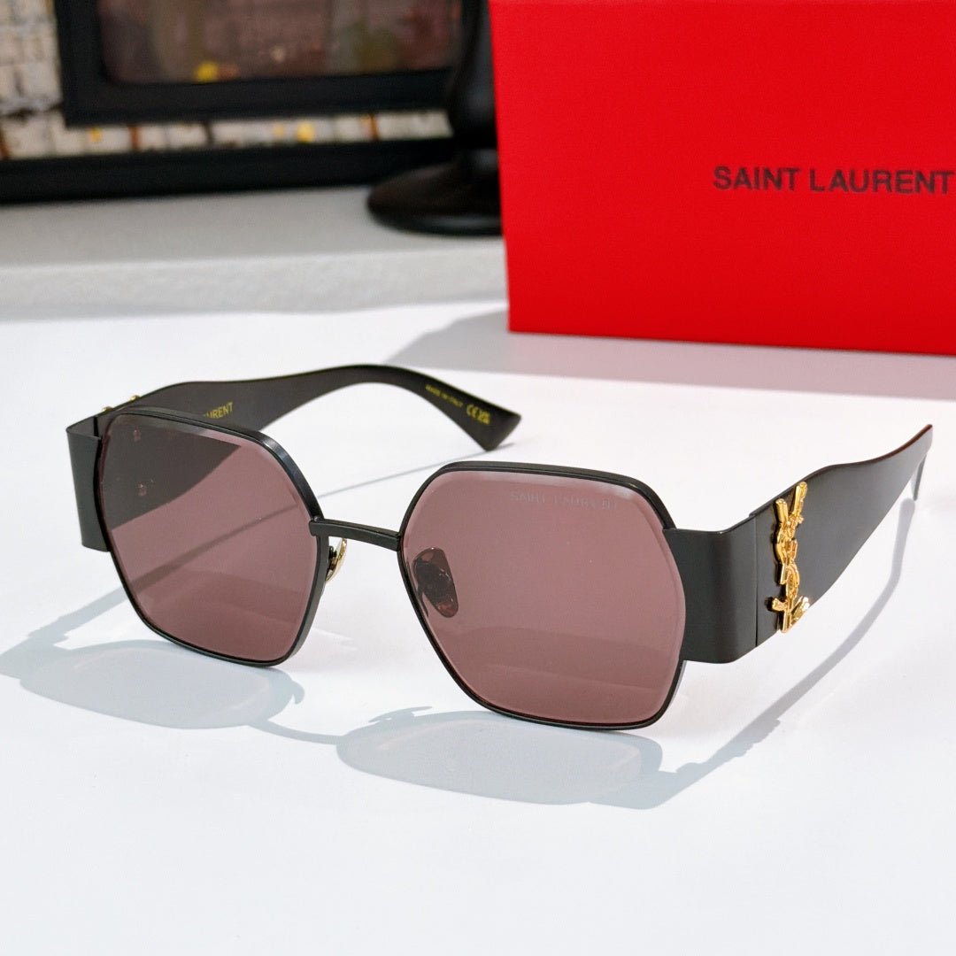 Black rectangular sunglasses with rosy lenses and gold side logo detailing