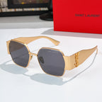 Gold-tone octagonal sunglasses with dark blue lenses and slim metal temples