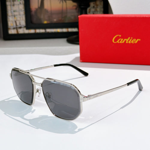 Sunglasses with metallic silver frame and dark gray lenses, side view