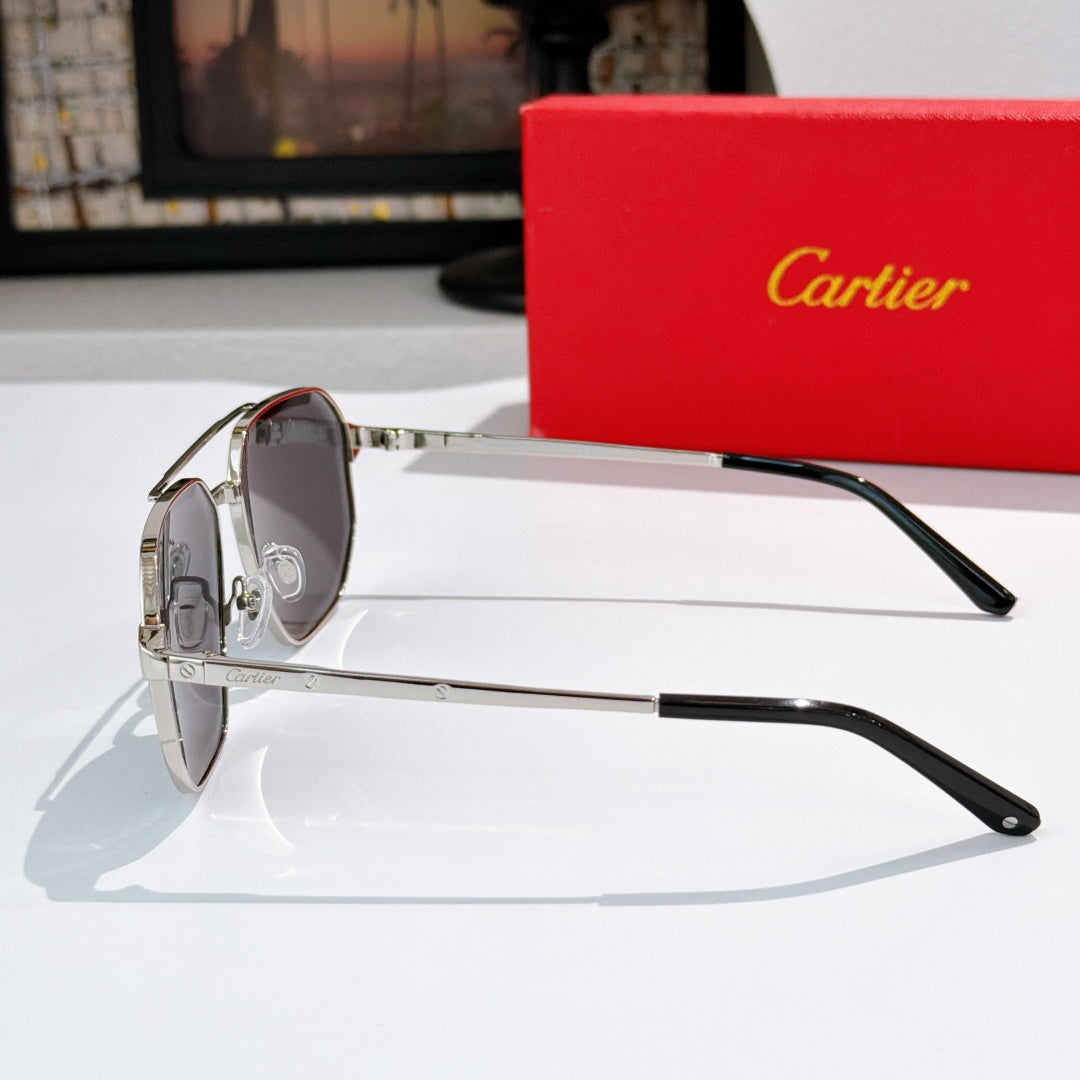 Sunglasses with metallic silver frame and dark gray lenses, temple side view