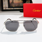 Sunglasses with metallic silver frame and dark gray lenses, hexagonal round design
