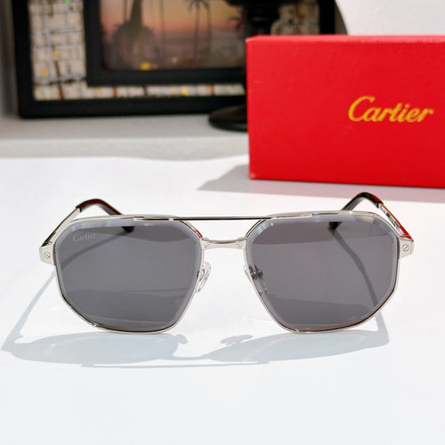 Sunglasses with metallic silver frame and dark gray lenses, hexagonal round design
