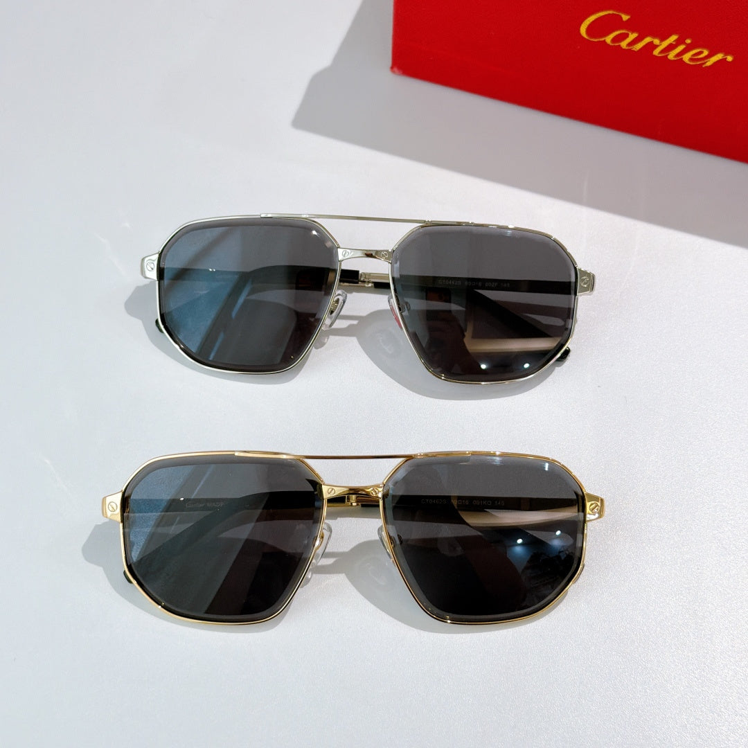 Two sunglasses pairs with dark lenses: silver-tone top and gold-tone bottom views