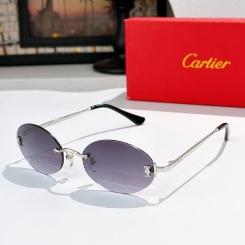 Cartier round sunglasses with gold frame, black temples, and dark purple tinted lenses