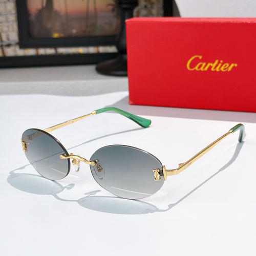 Cartier round sunglasses with gold frame, green temples, and dark gray tinted lenses