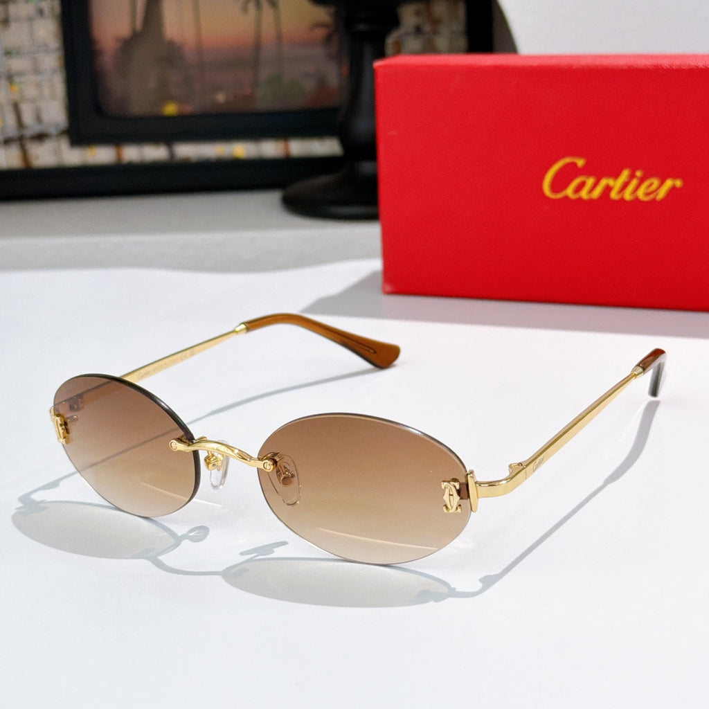 Cartier round sunglasses with gold frame, brown temples, and tan tinted lenses