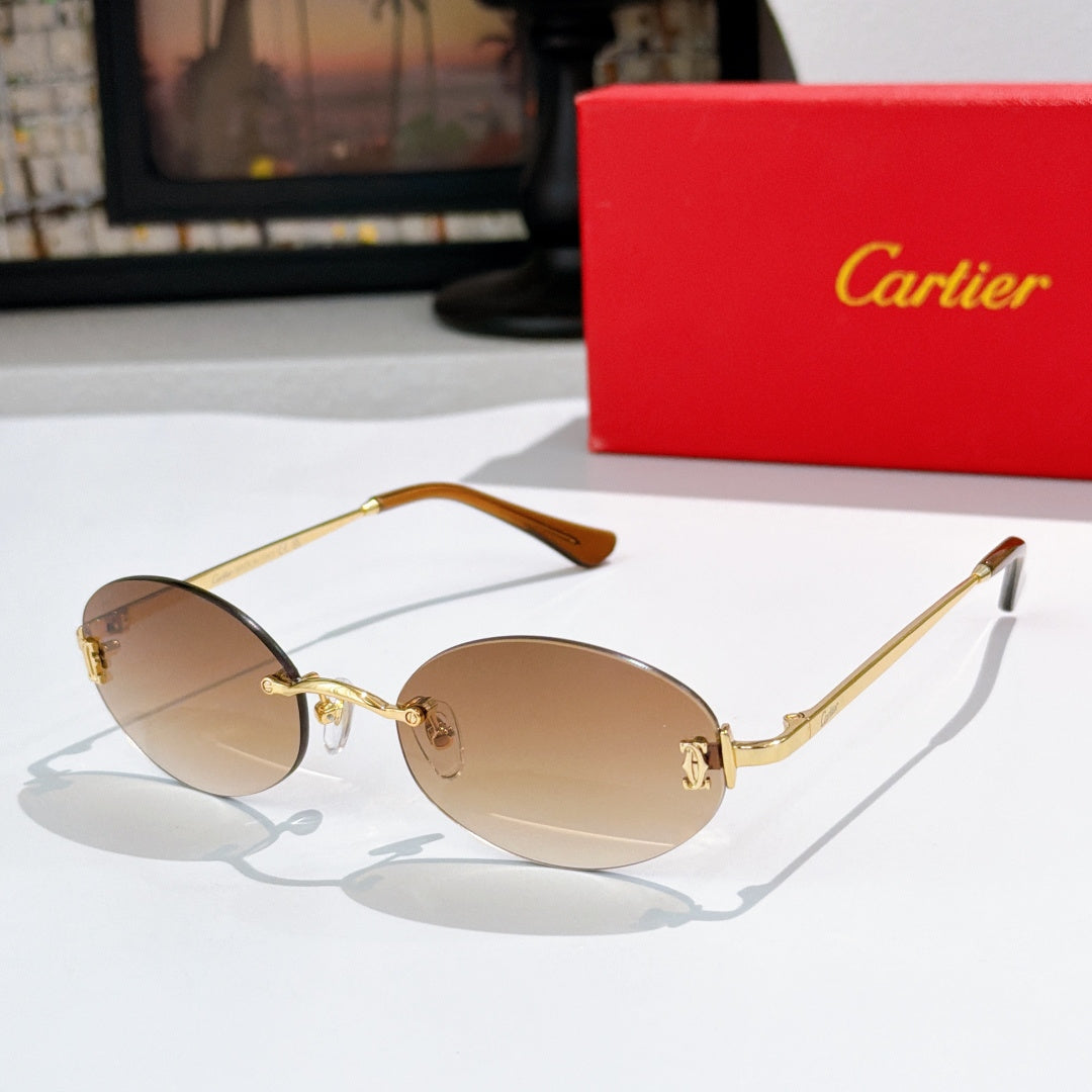 Cartier round sunglasses with gold frame, brown temples, and tan tinted lenses