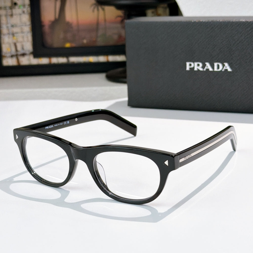 Prada eyeglasses with black frames and clear lenses, front view