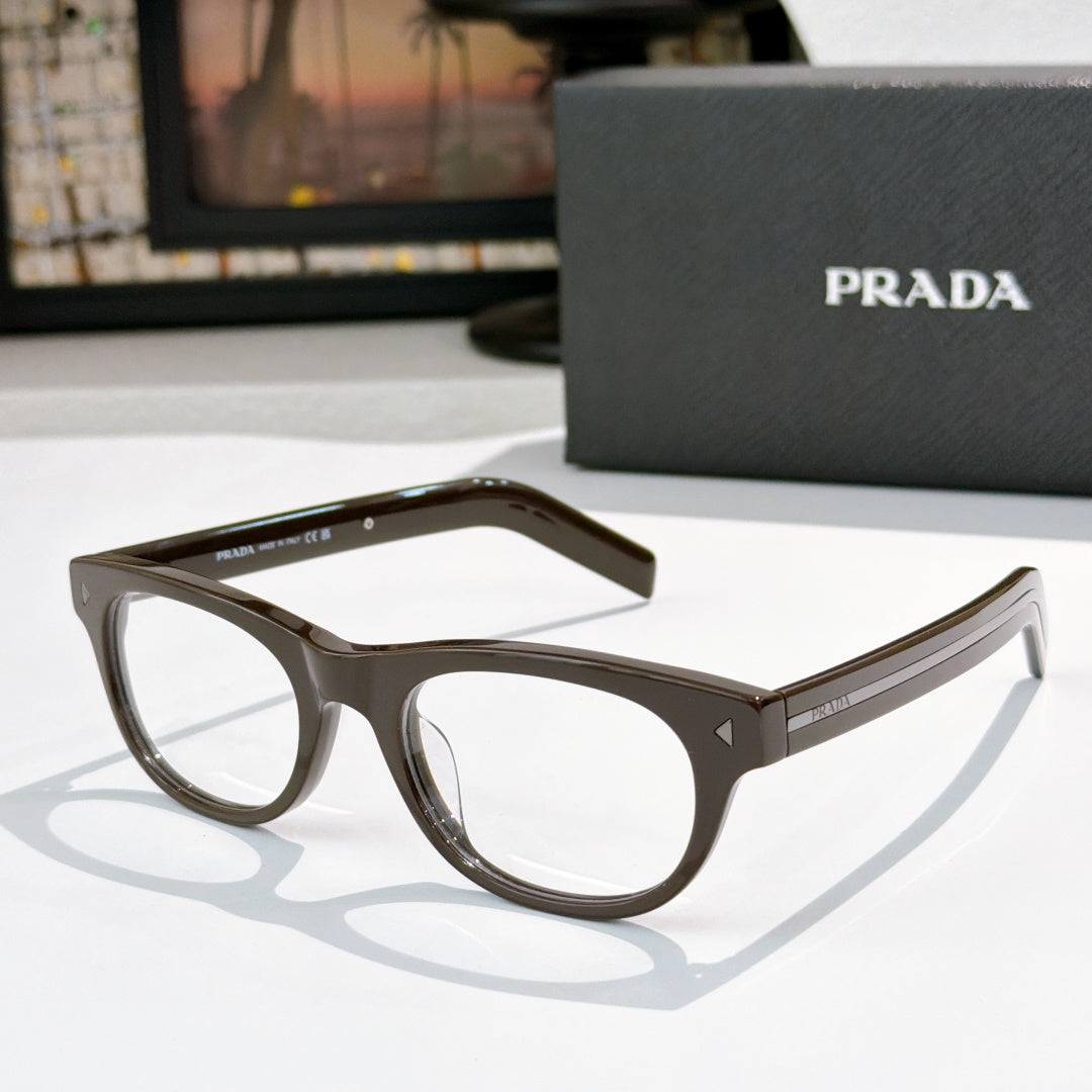 Prada eyeglasses with dark brown frames and clear lenses