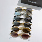 Stack of round sunglasses with mixed frames and lens colors, pearl temple detailing