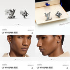 Louis Vuitton accessories: silver stud earrings on model, star and monogram designs