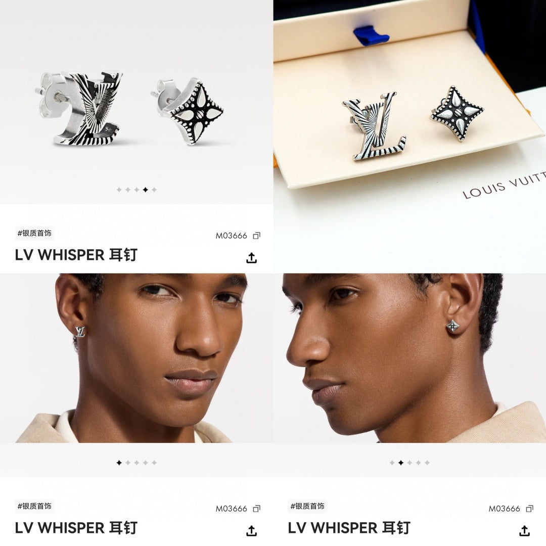Louis Vuitton accessories: silver stud earrings on model, star and monogram designs