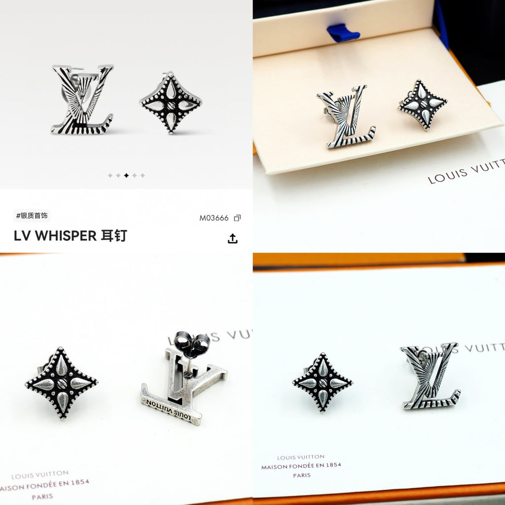 Louis Vuitton accessories: silver stud earrings set on cream display tray