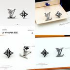 Louis Vuitton accessories: silver stud earrings set on cream display tray