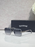 Black rectangular sunglasses with dark tinted lenses and slim chrome temples