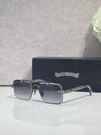 Black rectangular sunglasses with dark tinted lenses and slim chrome temples